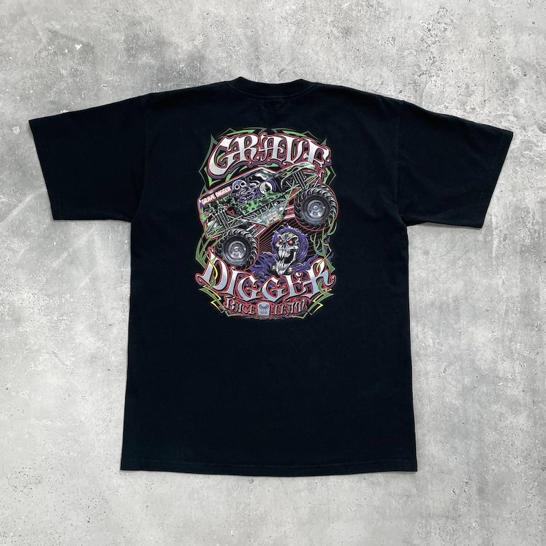Vintage 2005 Grave Digger Race Team grafisch T-shirt zwart maat L afbeelding 1