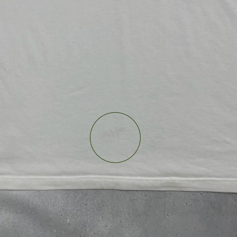Pode incluir: Uma camisa branca em close-up com uma pequena mancha. A bainha inferior da camisa &eacute; vis&iacute;vel, juntamente com uma superf&iacute;cie cinza abaixo. Um c&iacute;rculo verde envolve a mancha.