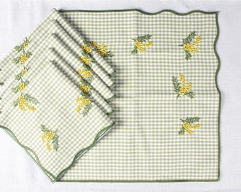 6 pcs Mimosa Lower Embroidered Napkin Set,, Green and White 16x16 inches 40x40 cm