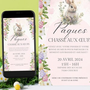 Carte Joyeuses Pâques, invitation au brunch pour la chasse aux œufs, modifiable et personnalisée.