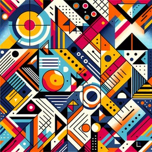 May include: Abstract geometric pattern with a mix of colors, including yellow, blue, red, black, and white. The pattern is made up of squares, circles, and triangles.