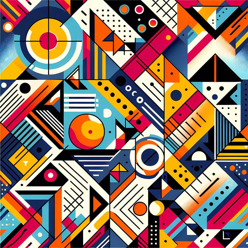 May include: Abstract geometric pattern with a mix of colors, including yellow, blue, red, black, and white. The pattern is made up of squares, circles, and triangles.