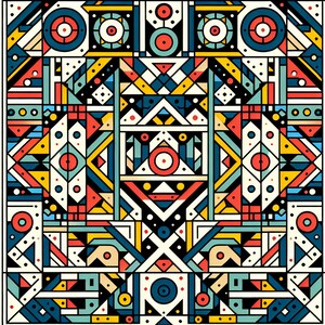May include: Abstract geometric pattern with a colorful design featuring red, yellow, blue, green, white, and black shapes. The pattern is made up of circles, squares, triangles, and lines.