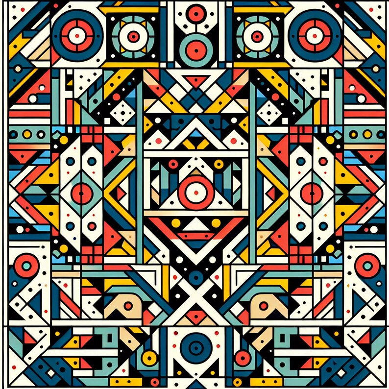 May include: Abstract geometric pattern with a colorful design featuring red, yellow, blue, green, white, and black shapes. The pattern is made up of circles, squares, triangles, and lines.