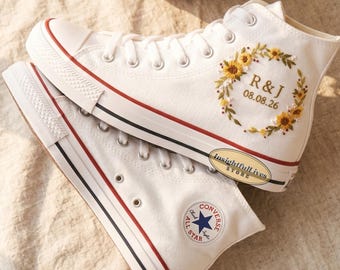 Bridal Sunflower Hand Embroidered Converse: Custom Wedding Floral High Tops 1970s Shoes