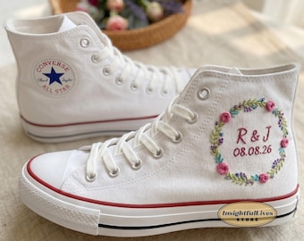 Bridal Rose Flower Hand Embroidered Converse: Custom Wedding Floral High Tops 1970s Shoes
