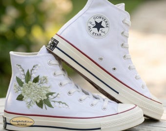 Custom Bridal Wedding Hand Embroidered Converse Hydrangea and Lily of the Valley High Tops 1970s Sneakers