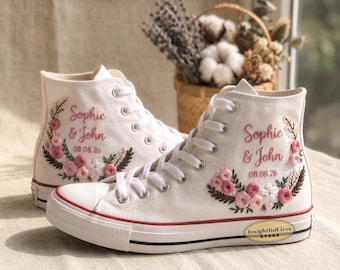 Bridal Hand Embroidered Converse: Custom Wedding Floral High Tops 1970s Shoes