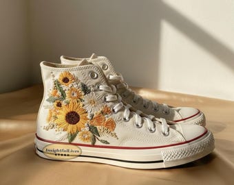 Custom Embroidered Sunflower Converse High Tops: Bridal Wedding Sneakers