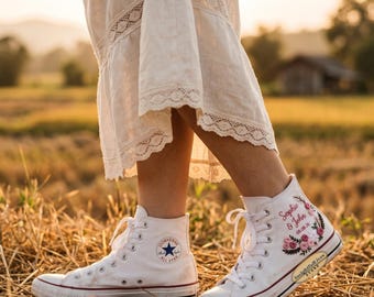 Bridal Hand Embroidered Converse: Custom Wedding Floral High Tops 1970s Shoes
