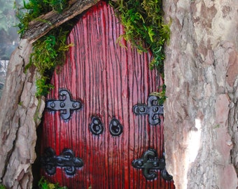 Garden Large Red fairy Door Set, large red medieval fairy door, concrete cast.