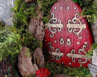 Large Red Fairy Door Set with windows to match and accessories for the Fairy Garden enthusiast. Size 9.5" Tall x 6.5" Wide. Concrete Cast.