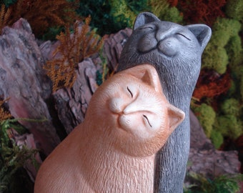 Ginger and Black cat painted sculpture for cat memorial or Cat Lover Gift. Heavy, sturdy Concrete cast. - Size 6.5 inches High