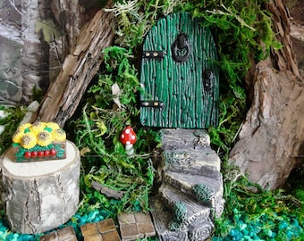 Green Fairy door with staircase. Magical Small Fairy Door Garden Kits with stairs and accessories