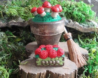 NEW Listing: For small or large Fairy Gardens, Pot of Mushrooms with flower pot and small broom on display on large log.