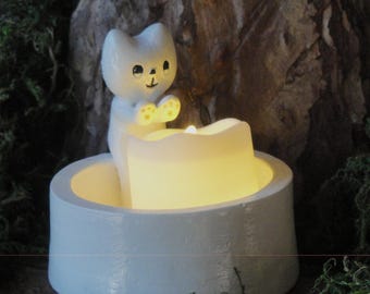 Lighted cat with battery candle for children's night lite. Permastone Cast.