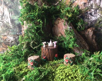 Fairy Garden set seating with table - teapot and cups. Concrete made.