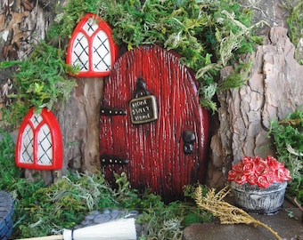 Fairy door for the Fairy Garden. Cast Concrete - Medium Size Door. 4.5 inches Wide x 6 inches High - Stunning Red