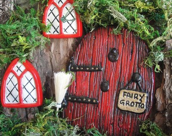 Medium Fairy door garden set with window and accessories hand cast and painted in Stunning red size  4.5 inches Wide x 6 inches High