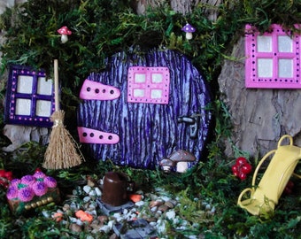 Small Purple & Pink Fairy door Set for Fairy Princess - outdoor or indoor fairy gardens with accessories. Concrete cast.