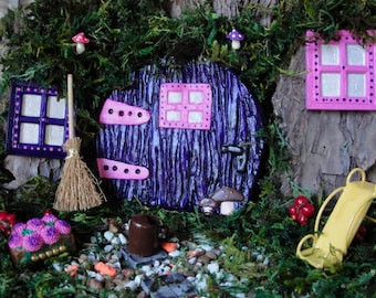 Small Purple & Pink Fairy door Set for Fairy Princess - outdoor or indoor fairy gardens with accessories. Concrete cast.