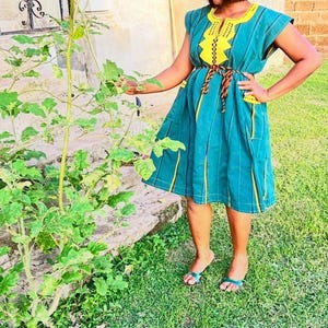 Handwoven Fugu Dress: Ghanaian Batakari Style, Forest Green & Mustard Gold