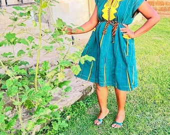 New Handwoven Women’s Fugu Dress – Forest Green & Mustard Gold | UK Size 8–12 | Ghanaian Fugu| Summer Wear | Party Wear | Traditional Wear