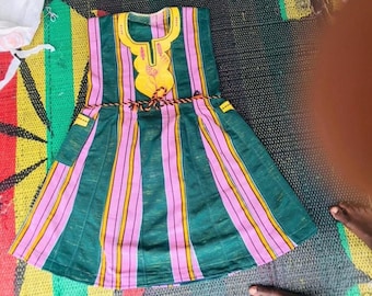 Handwoven Fugu Dress – Blue, Navy & Orange Block-Stripe | Fits UK Size 8–12 | Ghanaian Fugu| Summer Wear | Party Wear | Traditional Wear