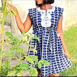 Handwoven Fugu Smock Dress: Navy & White Embroidered Ghanaian Cotton