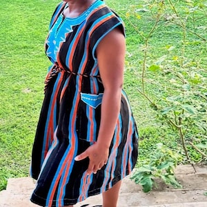 Ladies African Smock Dress – Blue, Orange & Black Handwoven Fugu Top (fits UK Size M/L/XL)