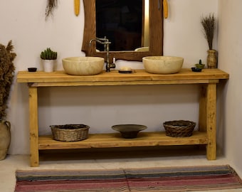 Handmade reclaimed rustic solid wood double sink bathroom vanity table