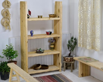 Handmade Reclaimed Rustic Solid Wood Shelf Bookcase with Natural Edges, Antique-Looking Medieval Style