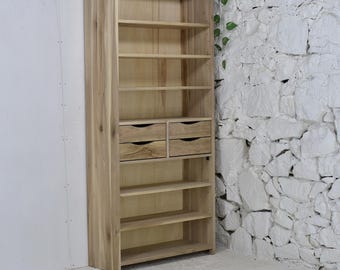Handmade Acacia Wood Bookcase with Drawers - Rustic Wooden Bookshelf, Storage Cabinet