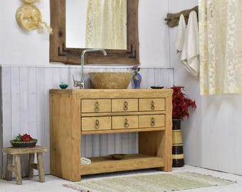 Tocador de baño rústico de madera con lavabo de piedra y espejo - Estilo granja