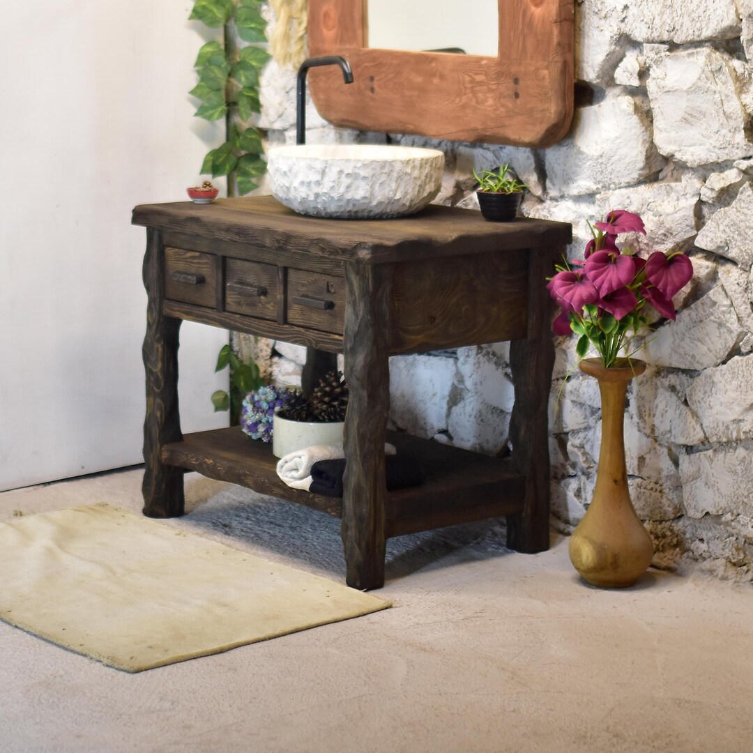 Rustic Bathroom Sink With Drawers, Recycled Wood Vanity Table, Handmade ...