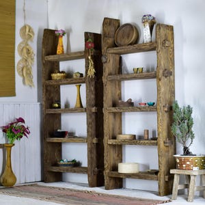 Solid wood book shelf mid century wooden bookcase live edge shelf rustic handmade furniture mid century farmhouse Rustic Barn Wood Bookcase,