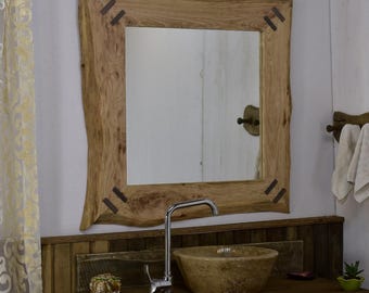 Handmade Rustic Reclaimed Solid Wood Custom Made Bathroom Sink Vanity Mirror Farmhouse Design.