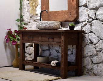 Rustykalna, antyczna drewniana umywalka łazienkowa z recyklingu, wykonana ręcznie