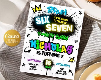 Six Seven Party birthday invitation, printable six seven invite, editable 6 7 meme Party template, digital template, girl boy birthday