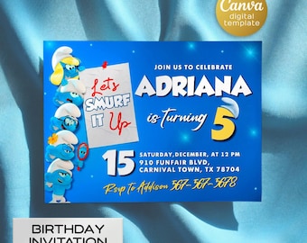 Smurfs movie birthday invitation, blue dwarfs invite, printable editable movie party ticket invite template