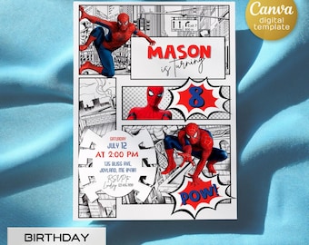 Spiderman birthday invitation, comics superhero invite, printable editable spidey party invite template, spider-man digital template