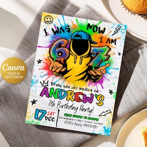 May include: A colorful digital invitation for Andrew's 7th birthday party. The design features graffiti-style art with the text "I WAS 6, NOW I AM 7". The invitation includes the date, time, location, and RSVP information.