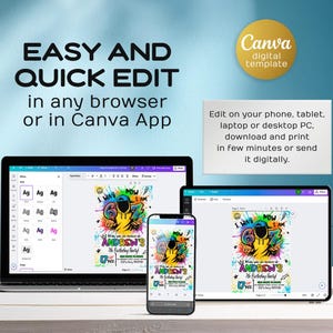 May include: A digital template displayed on a laptop, tablet, and smartphone. The template features colorful graffiti-style text and graphics for a birthday party invitation. The text reads "EASY AND QUICK EDIT" and "Edit on your phone, tablet, laptop or desktop PC."