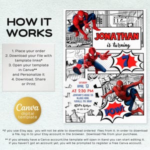 May include: A digital invitation template featuring Spider-Man comic book style graphics. The design includes the text "Jonathan is turning 7" and event details. The invitation is designed to be personalized in Canva.