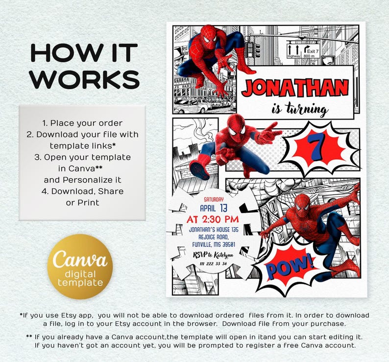 May include: A digital invitation template featuring Spider-Man comic book style graphics. The design includes the text "Jonathan is turning 7" and event details. The invitation is designed to be personalized in Canva.