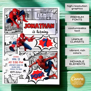 May include: A comic book style invitation featuring Spider-Man illustrations. The invitation includes the text "Jonathan is turning 7" and event details. The design incorporates vibrant colors and dynamic action poses.