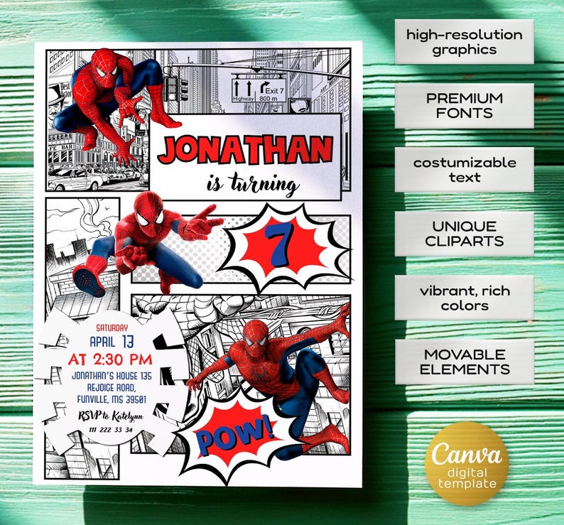 May include: A comic book style invitation featuring Spider-Man illustrations. The invitation includes the text "Jonathan is turning 7" and event details. The design incorporates vibrant colors and dynamic action poses.