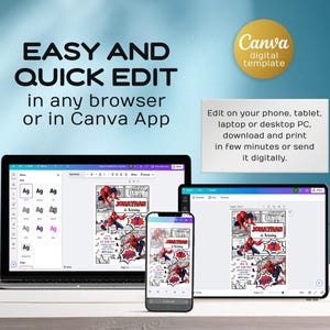May include: A digital template displayed on a laptop, tablet, and smartphone. The template features a comic book style design with the text "JONATHAN is turning". The image also includes the text "EASY AND QUICK EDIT" and "Canva digital template".
