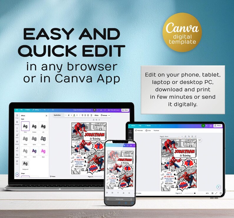 May include: A digital template displayed on a laptop, tablet, and smartphone. The template features a comic book style design with the text "JONATHAN is turning". The image also includes the text "EASY AND QUICK EDIT" and "Canva digital template".