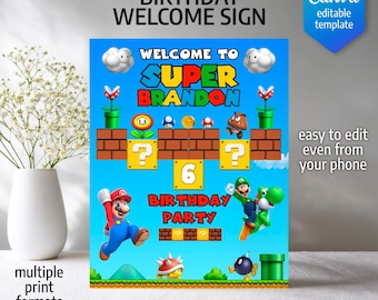 Mario Birthday Welcome Sign, Super Bros Party Poster (Digital Download)
